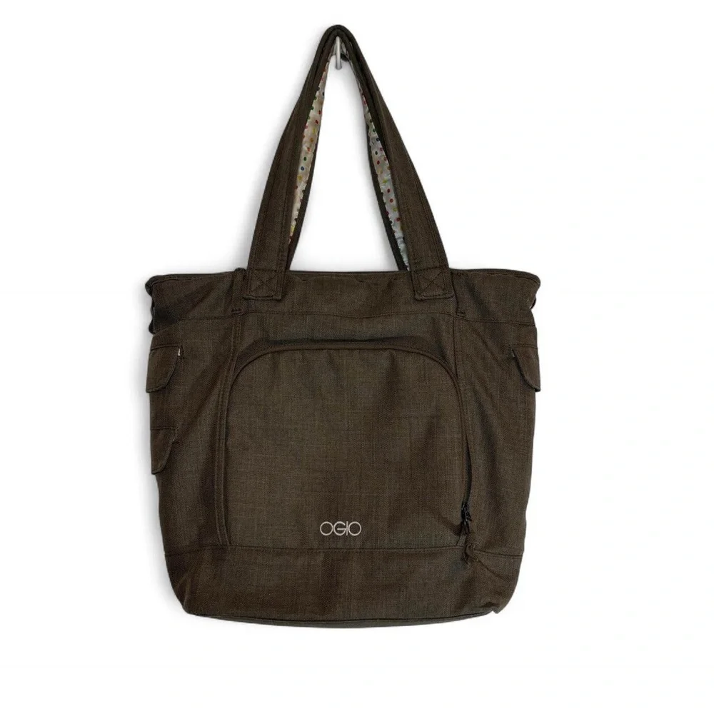 Ogio Hamptons laptop tote bag in brown/terra color w/ polka dot lining